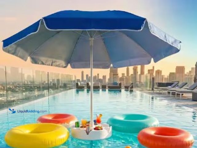 Lot 49-2022665 - lohasco 7 ft. Floating Table Umbrella Patio Umbrella with Base and Cup Holder in Navy, Model # PFU-N...