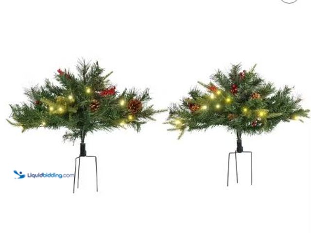 Lot 49-1544512 - HOMCOM 2 FT 2 Pack Prelit Artificial Christmas Tree Cordless 69 Branches, Warm White LEDs, Red Berri...