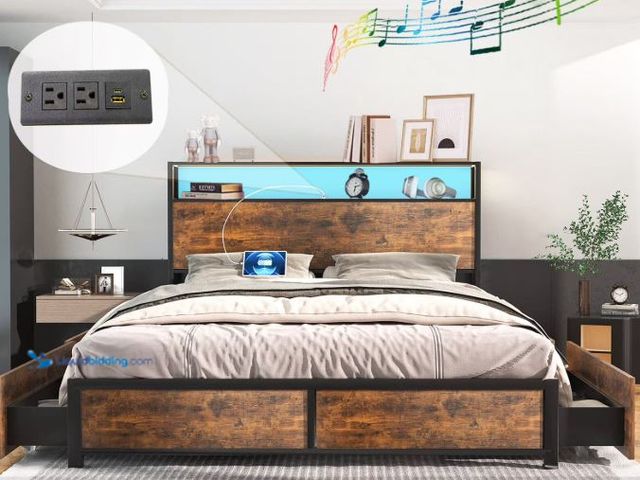 Lot 49-1556356 - LED Full Bed Frame with Storage Headboard & 4 Drawers, Industrial Metal Platform Bed with Power Char...