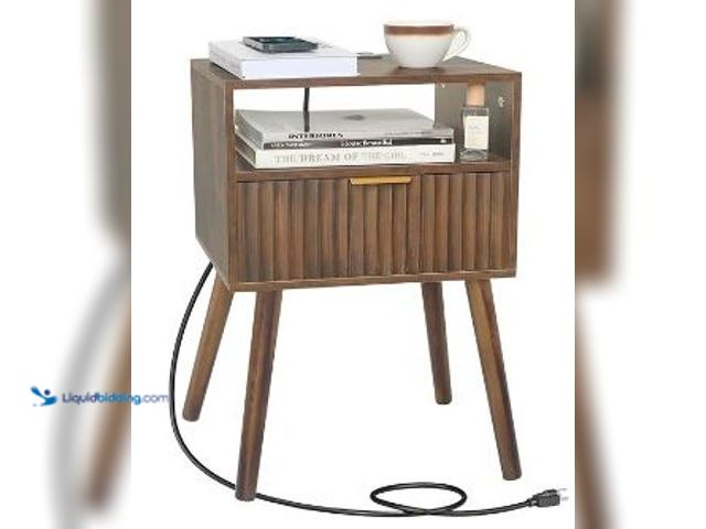 Lot 49-3464394 - Mid Century Modern Nightstand with Charging Station, Fluted Bedside Table with Storage, Modern Side ...