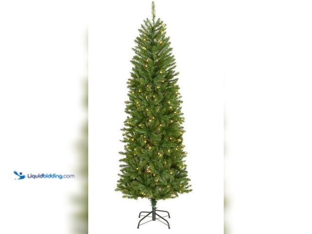 Lot 49-1544859 - National Tree Company Artificial Pre-Lit Slim Christmas Tree, Green, Kingswood Fir, White Lights, In...