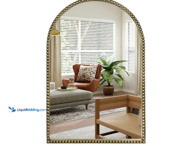 Lot 49-1568583 - Wemily Antique Gold 24"x36" Arched Wall Mirror with Metal Beaded Frame - Decorative Accent Wall Mirr...