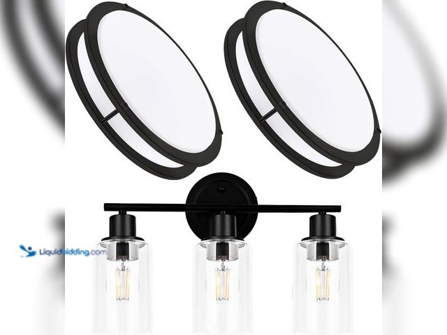 Lot 49-5459534 - 2 Pack 13 Inch Black Ceiling Light Fixture and 1 Pack 3-Light Black Vanity Light Fixture for Bathroo...