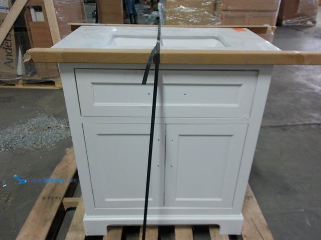 Lot 49-1547753 - 35" X 35" X 19" White Bathroom Vanity with Marble Sink, Slightly used, Scuffs on All Surfaces, Water...