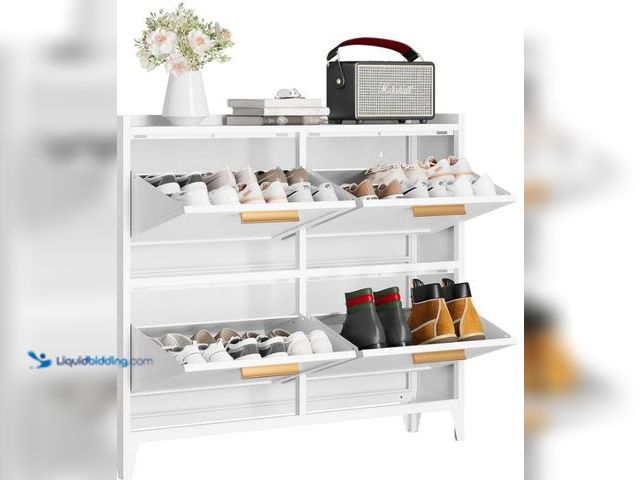 Lot 49-1558919 - Shoe Storage Cabinet with Flip Drawers, Narrow Shoe Cabinet Storage for Entryway, Metal Slim Shoe Ca...