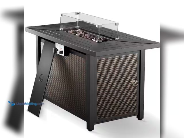 Lot 49-2000083 - Opohoro Alliron 43 in. Rectangular Brown Metal Propane Outdoor Fire Pit Table with Glass Wind Guard ...