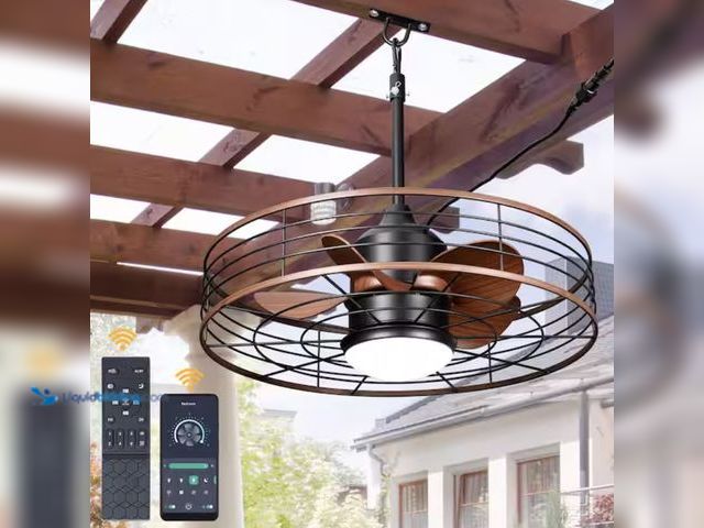 Lot 49-2005516 - Oaks Aura Selva 23 in. Matte Black Outdoor Modern Smart Caged Ceiling Fan w/Light, Downrod Reversibl...