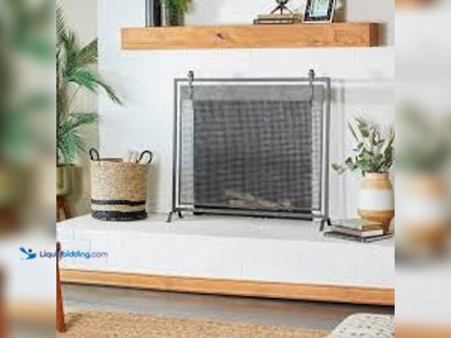 Lot 49-5459656 - Litton Lane Black Metal Geometric Suspended Grid Style Netting Single Panel Fireplace Screen with Bo...