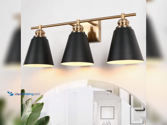 Lot 49-5410308 - Black and Gold Vanity Light, 3 Light Bathroom Vanity Light Over Mirror with Metal Shade, 23 Inch Lar...