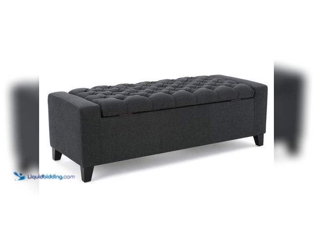 Lot 49-5408555 - Noble House Jabari Dark Grey Polyester Tufted Storage Ottoman. [Model # 10940] Used. Plastic washers...