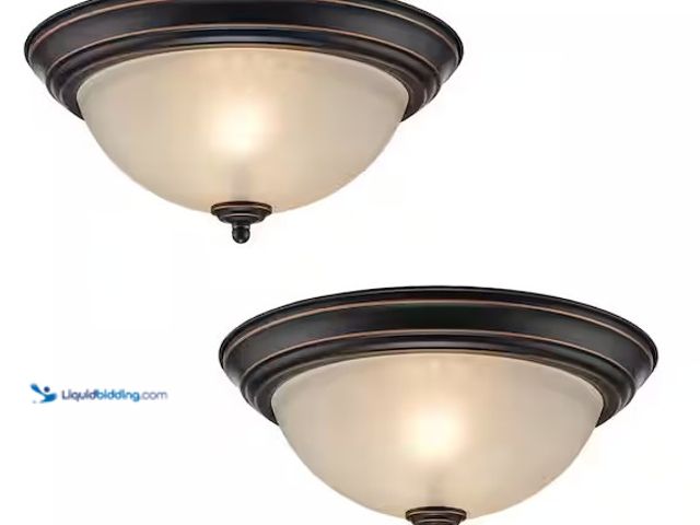 Lot 49-3637874 - (2-PK) 2-Light Oil Rubbed Bronze 13" Round Flush Mount Ceiling Light Fixture with Tea Stained Glass ...