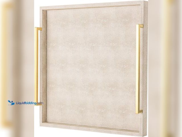 Lot 49-5463243 - Large Ottoman Tray for Coffee Table,Square Shagreen Leather Decorative Tray with Gold Handles for Li...