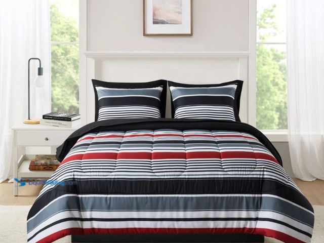 Lot 49-5543063 - Mainstays 7-Piece Reversible Bed in a Bag Comforter Set with Sheets, Red and Black Stripe, Full. Unu...