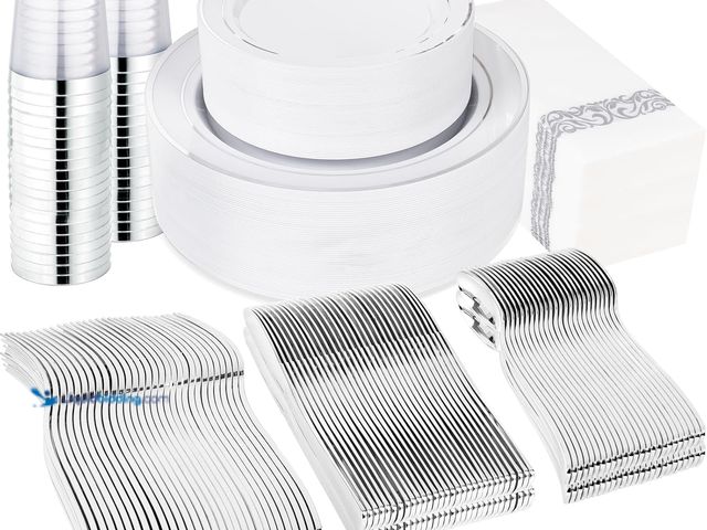 Lot 49-5408489 - Supernal 400pcs Silver Plastic Dinnerware Set Heavy Duty Disposable Plates Include Silver Plastic De...