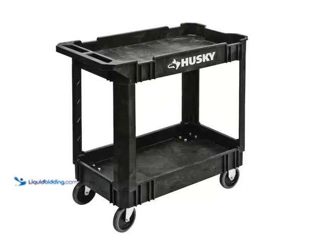 Lot 49-1622767 - Husky 2-Tier Plastic 4-Wheeled Service Cart in Black, Model # 12603, Unused, Has attachment  REF#PA0...