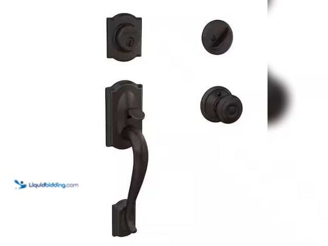 Lot 49-1573165 - Schlage Camelot Aged Bronze Single Cylinder Door Handleset with Georgian Knob, 
Model # F60 G CAM 7...