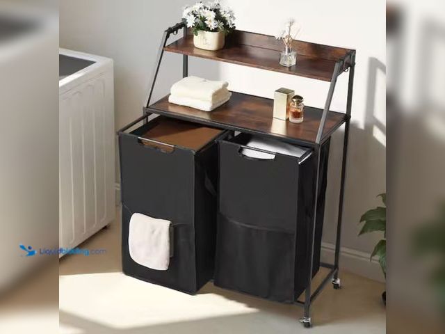 Lot 49-2001005 - VEVOR Tall Laundry Hamper, 2-Tier Sorter, Metal Frame & Black Wooden Top Kitchen Cart, Rolling Organ...