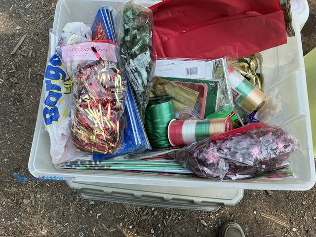Lot 49-1817649 - New One tote and one box full of miscellaneous Christmas stuff, ribbons paper, miscellaneous