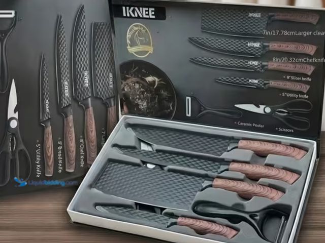 Lot 49-1817539 - Professional 6pcs Kitchen Knives Set, Chef, Cleaver, Slicer, Utility Knife Peeler&amp; Scissors Stai...