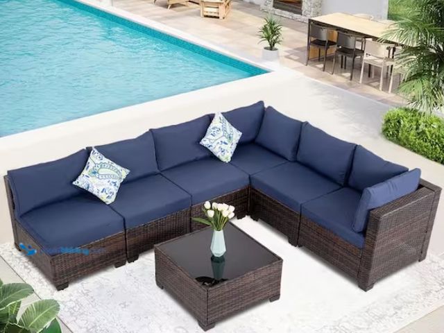 Lot 49-1591630 - (6-Piece) Brown Wicker Outdoor Sectional Set with Blue Cushions, Model # OPDLLZG55, MSRP $643.31, Sl...