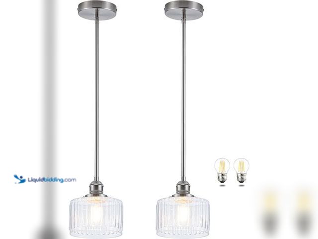 Lot 49-5477779 - MAYNA 2 Pack Modern Pendant Light with Clear Striped Glass Lmapshade, Brushed Nickel Vintage Pendant...