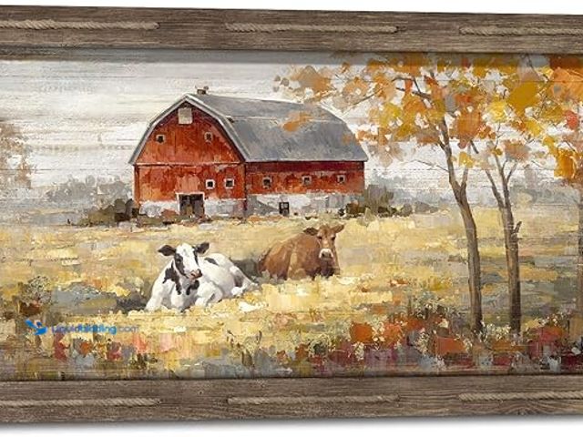 Lot 49-1550531 - Inpraradiso Farmhouse Wall Art Wood Print: Rustic Country Landscape Barn Framed Picture Horizontal F...