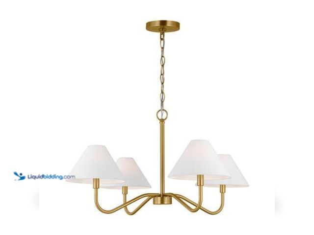 Lot 49-5539808 - SCOTT LIVING Eldon 4-Light Satin Brass Medium Chandelier with White Linen Fabric Shades and No Bulbs...
