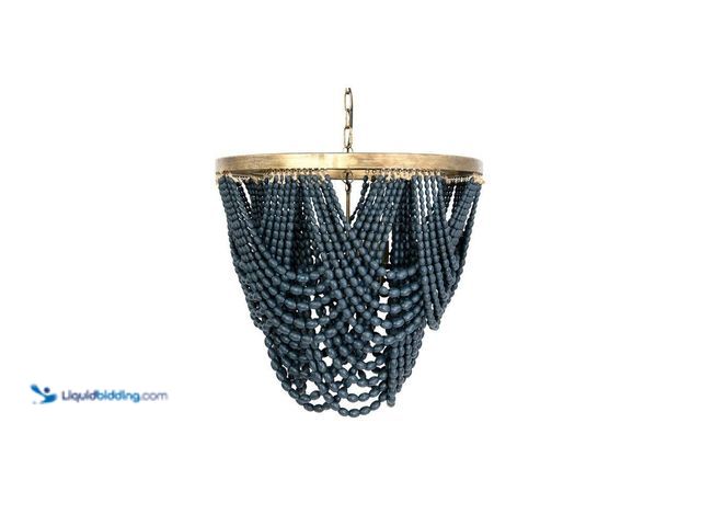 Lot 49-5433657 - 1-Light 2-Tier Brushed Gold with Blue Draped Wood Bead Chandelier. Item is Unused