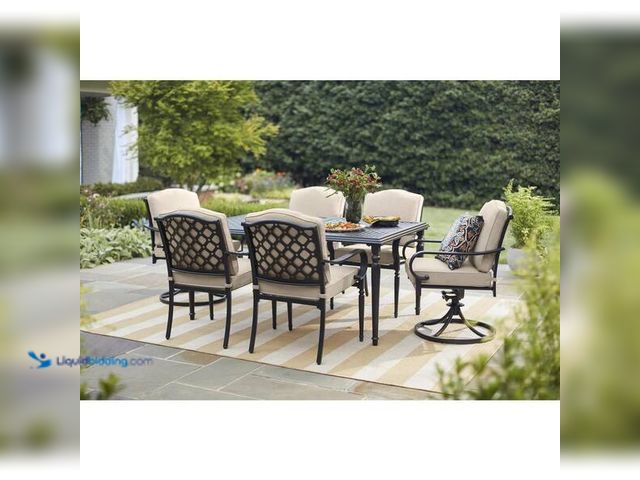 Lot 49-5414573 - Laurel Oaks 7-Piece Black Steel Outdoor Patio Dining Set with CushionGuard Standard Putty Tan Cushio...