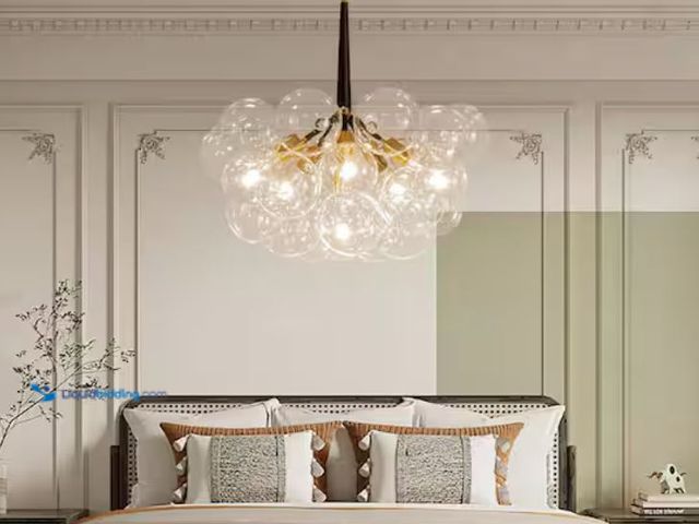 Lot 49-2026118 - HUOKU Alma 6-Light 24.8 in.W Gold and Black Cluster Bubble Chandelier with Clear Glass and Leather, ...