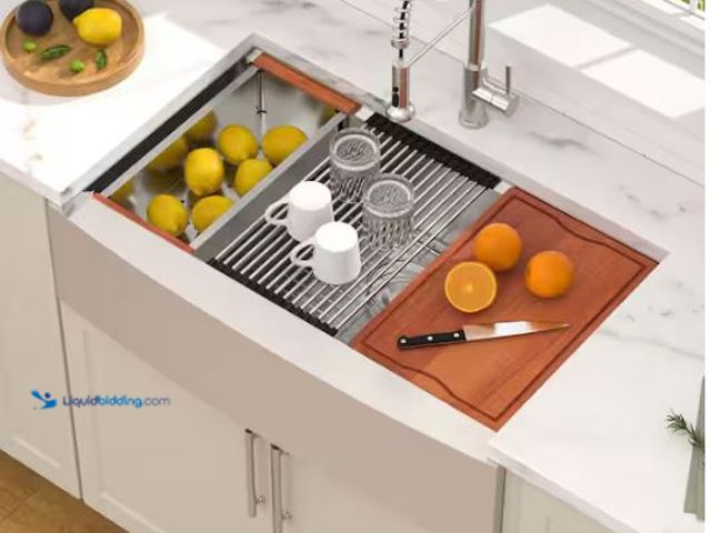 Lot 49-1624485 - Dolora 36" Stainless Steel Farmhouse Sink, Single Bowl Apron Front, with Workstation & Accessories, ...