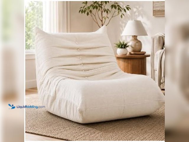 Lot 49-3631305 - Ergnomic Bean Bag Chair Seat, White, Linen Fabric, 400-Lb Capacity, 35"W x 24"D x 29"H, NOTE: Dirty ...