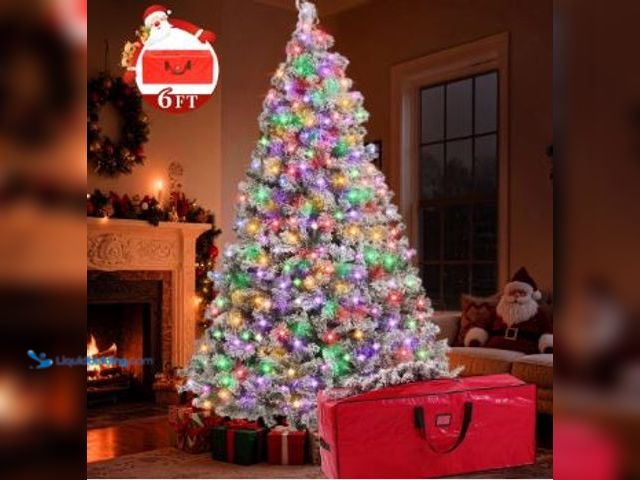 Lot 49-1544836 - Yexmas 6FT Pre-Lit Snow Flocked Christmas Tree, Artificial White Christmas Tree with Large Christmas...