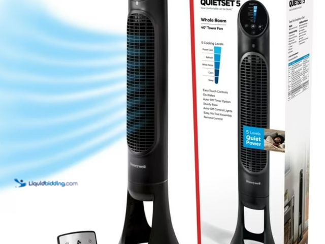 Lot 49-5541758 - Honeywell 40" Black Quiet Set Oscillating Tower Fan, 30ft Air Circulation Power, 5 Speed, Auto Off T...