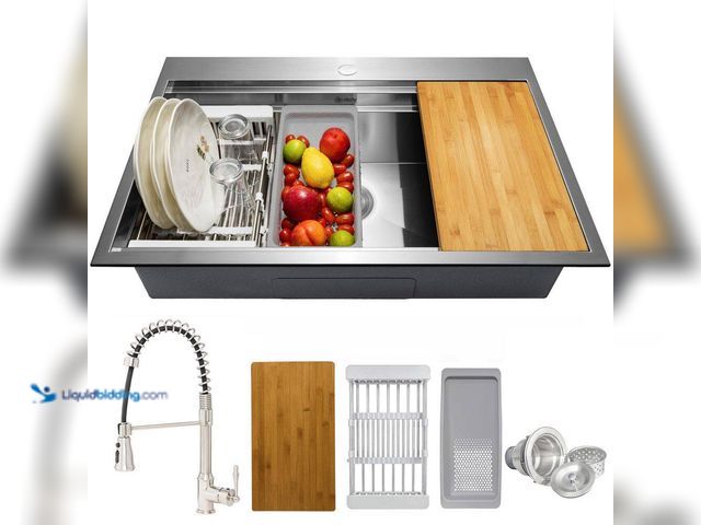 Lot 49-5509903 - AKDY Handmade All-in-One Topmount Stainless Steel 33 in. x 22 in. Single Bowl Kitchen Sink w/ Spring...