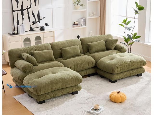 Lot 49-1571095 - 118" U Shape Cloud Couch, 3 Seater Pelletized Velvet Sofa with 2 Ottomans, Bolster Armrest Pillows &...