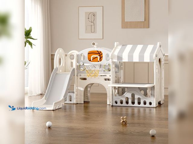 Lot 49-3480455 - Children's Indoor Playground with Basketball Hoop and Slide, Multifunctional, HDPE, White and Gray, ...