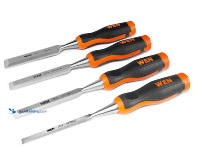 Lot 49-2004568 - WEN Short Blade Wood Chisel Set with Heat-Treated Carbon Steel Blades, 4 Piece, Model #CH4010, Sligh...