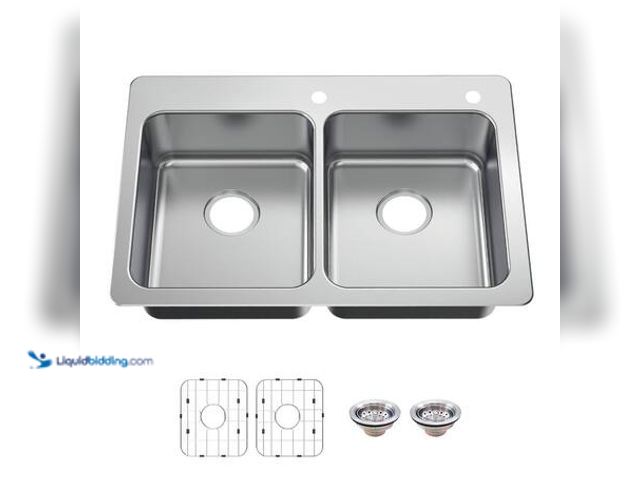 Lot 49-5549945 - Glacier Bay Bratten 33 in. Drop-In 50/50 Double Bowl 18 Gauge Stainless Steel Kitchen Sink with Acce...
