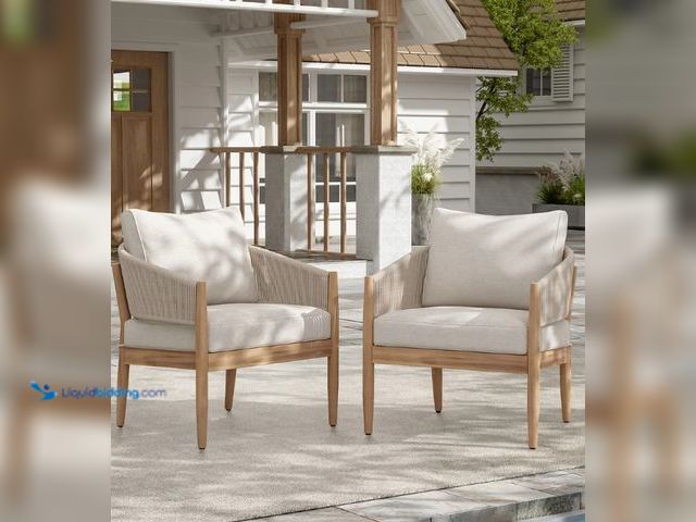 Lot 49-5485636 - Outdoor Patio Acacia Wood club chairs, Natural Finish Wood, Beige cushion. Unused with hardware. (2 ...