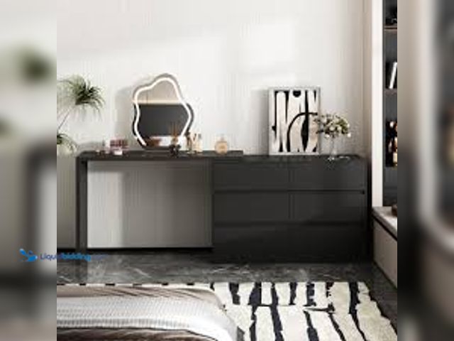 Lot 49-5411573 - FUFU&GAGA 6-Drawer L-Shaped Dresser in Black with Rotatable Desk 47.2 in. W x 51.2 in. D x 32.7 in. ...