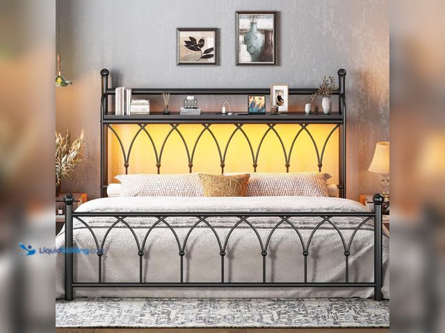 Lot 49-1555596 - EnHomee 54" King Bed Frame with Tall Storage Headboard, Metal King Size Bed Frame with LED Lights an...