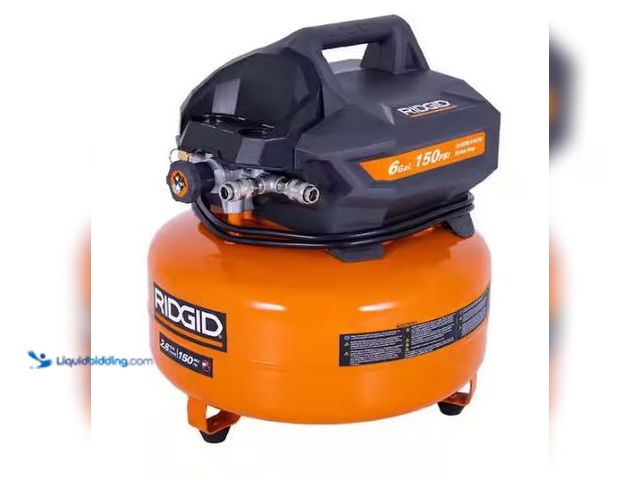 Lot 49-1569621 - RIDGID 6 Gal. 150 PSI Portable Electric Oil-Free Jobsite Pancake Air Compressor with Dual Pressure G...