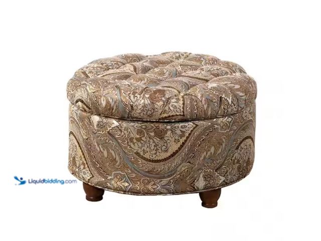 Lot 49-1566589 - Homepop Brown and Blue Paisley Round Button Tufted Storage Ottoman, Model # N8264-F1044, unused  Ref...