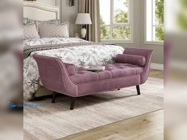 Lot 49-5475303 - CHRISTOPHER KNIGHT HOME Ismere Modern Purple Button Tufted Velvet Upholstered Ottoman Bench with Rol...