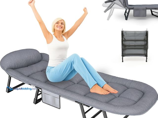 Lot 49-5437250 - Chaise Lounge Chair, Folding Cot, 6-Angle Adjustable Camping Cot with Mattress for Patio and Beach, ...