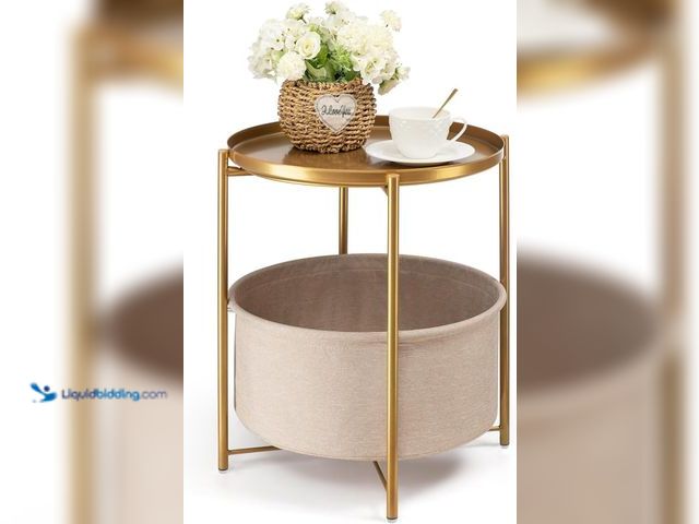 Lot 49-5452189 - danpinera Round Side Table with Fabric Storage Basket, Metal Side Small Bedside Table Nightstand wit...