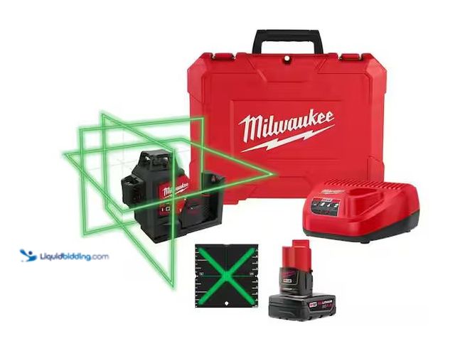 Lot 49-1568532 - Milwaukee M12 12-Volt Lithium-Ion Cordless Green 250 ft. 3-Plane Laser Level Kit with One 4.0 Ah Bat...
