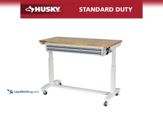 Lot 49-5414707 - husky 52 in. W x 24 in. D 2-Drawer Adjustable Height Black Work Table with Solid Wood Top Model # HO...