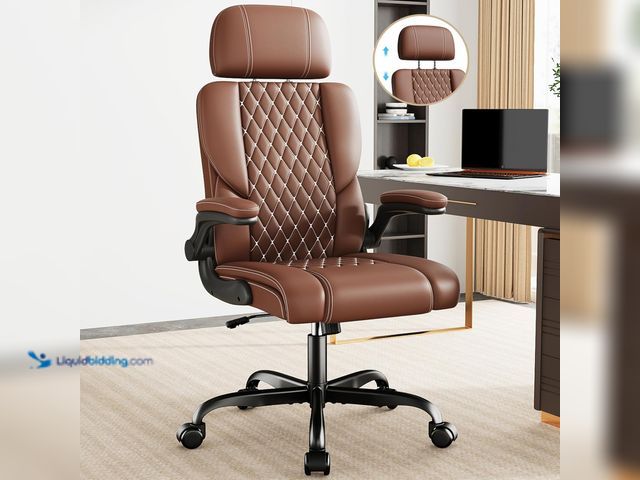 Lot 49-5437415 - Sytas Executive Leather Office Chair, Comfy Desk Chair with Adjustable Headrest & Flip-up Padded Arm...